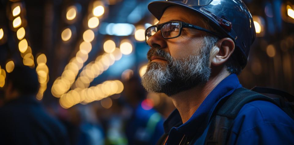 Homme agé casque chantier nuit