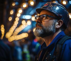 Homme agé casque chantier nuit